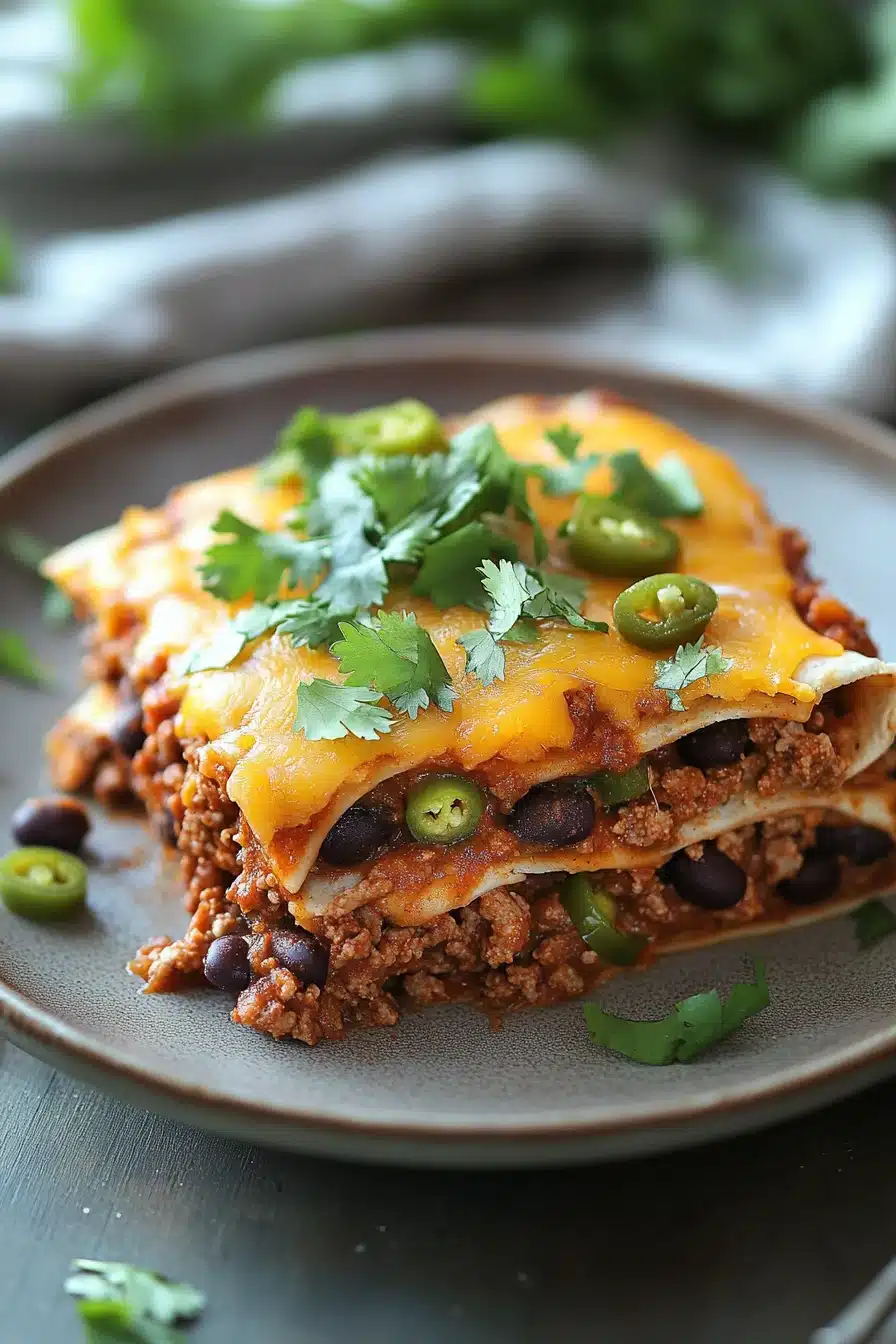 Close-up of a high protein beef enchilada casserole with melted cheese and garnishes.