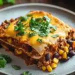 Close-up of high protein beef enchilada casserole with melted cheese and rich sauce