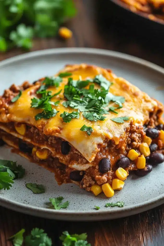 Close-up of high protein beef enchilada casserole with melted cheese and rich sauce