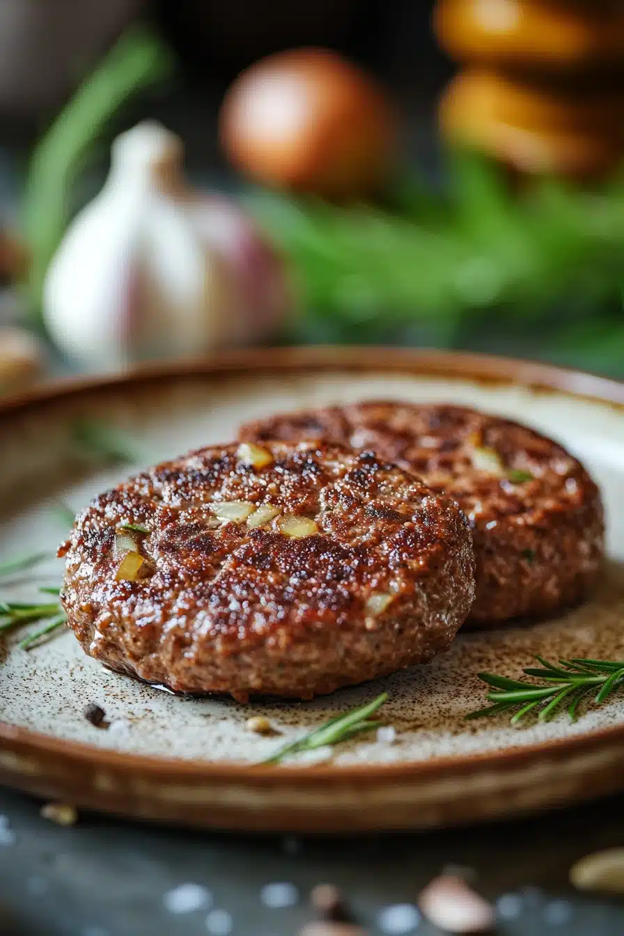 Close-up of high protein beef patties with grill marks and a clean background