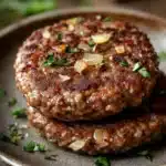 Close-up of high protein beef patties on a clean plate with natural lighting