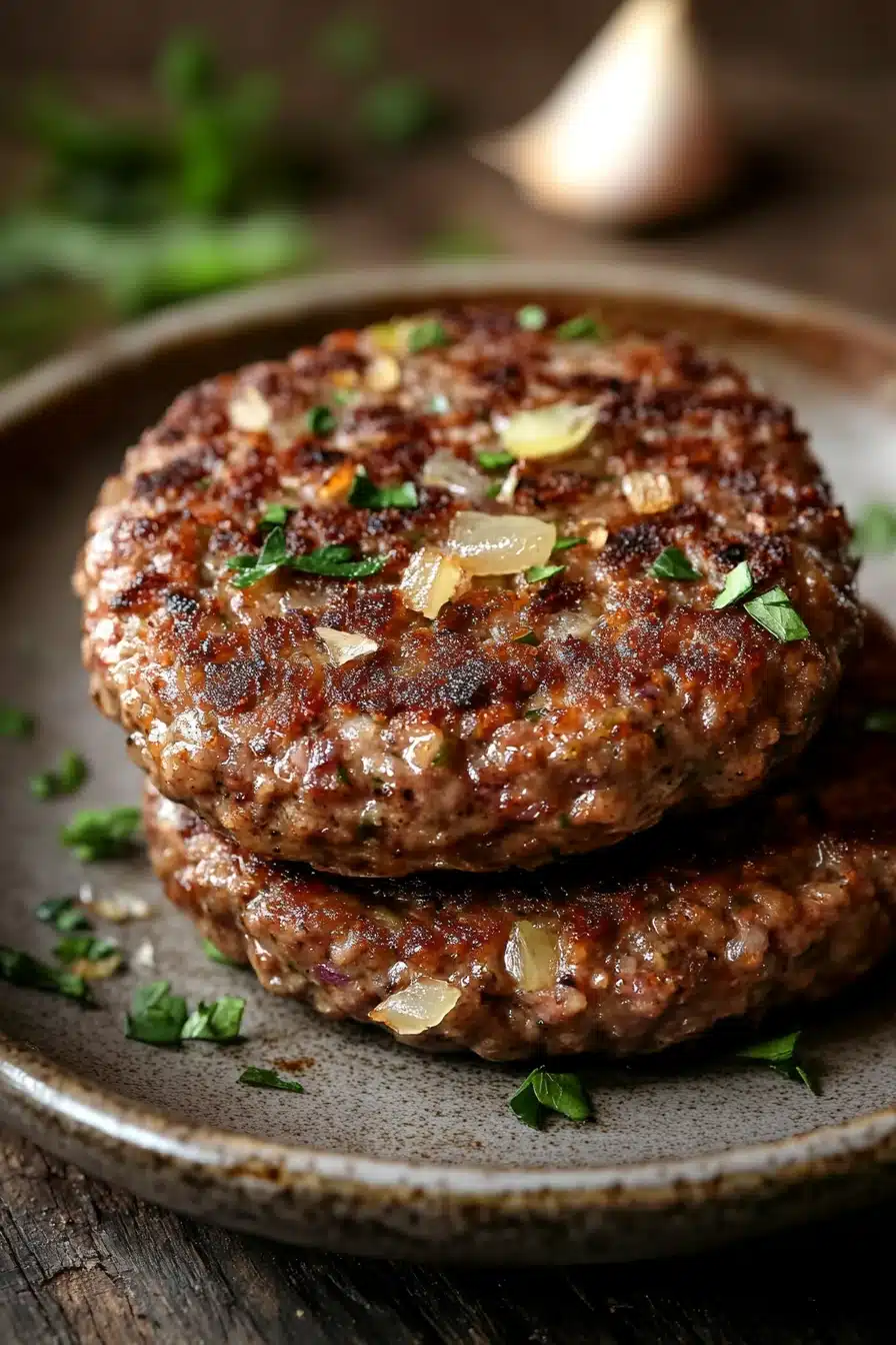 Close-up of high protein beef patties on a clean plate with natural lighting