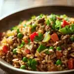 Close-up of a savory beef and rice dish with vibrant colors and textures.