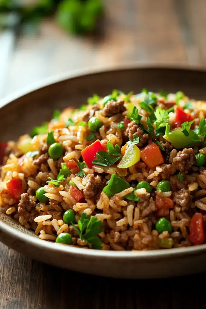 Close-up of a savory beef and rice dish with vibrant colors and textures.