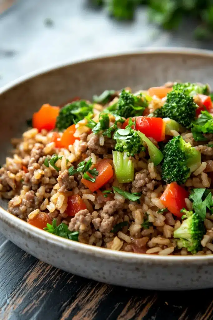 Close-up of a high protein beef rice dish with vibrant colors and appetizing presentation.