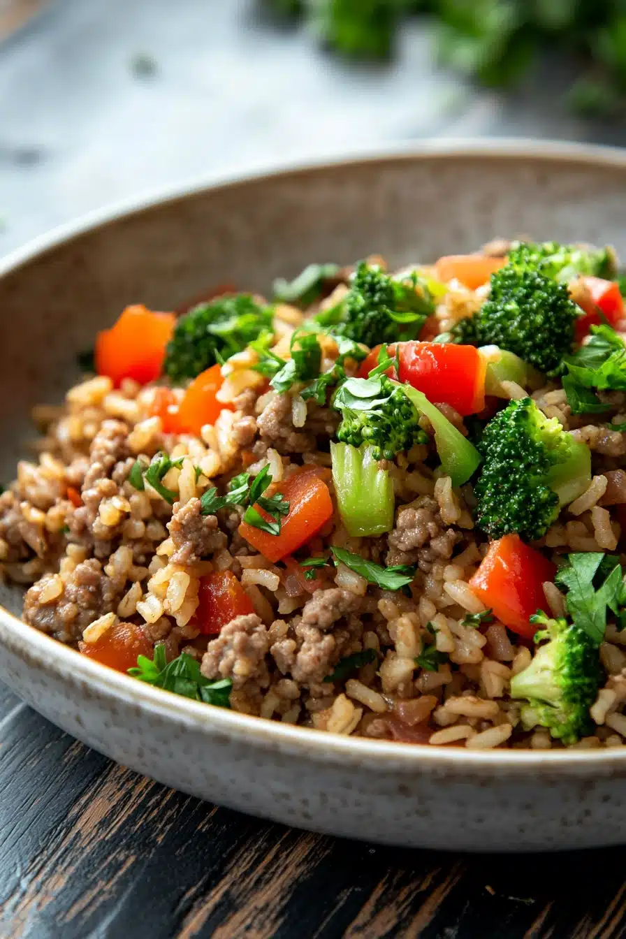 Close-up of a high protein beef rice dish with vibrant colors and appetizing presentation.