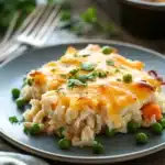 Close-up of a high protein chicken and rice casserole with golden crust and herbs