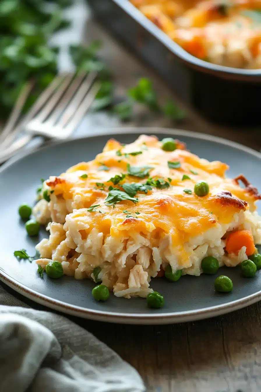 Close-up of a high protein chicken and rice casserole with golden crust and herbs