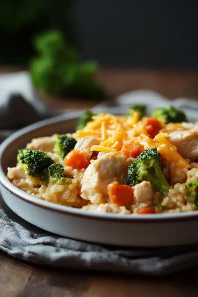 Close-up of a high protein chicken and rice casserole with golden crust and herbs