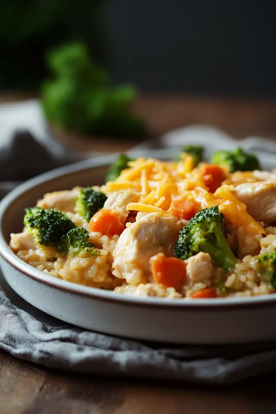 Close-up of a high protein chicken and rice casserole with golden crust and herbs