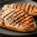 Close-up of a high protein chicken breast dish with bright, warm lighting and clean background