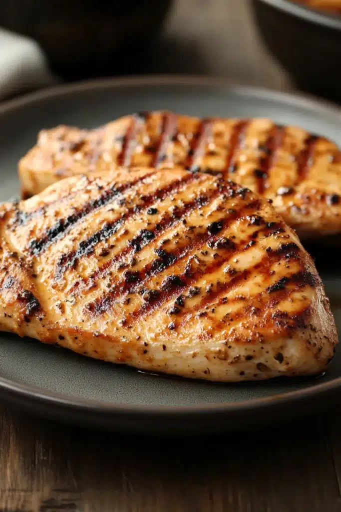Close-up of a high protein chicken breast dish with bright, warm lighting and clean background