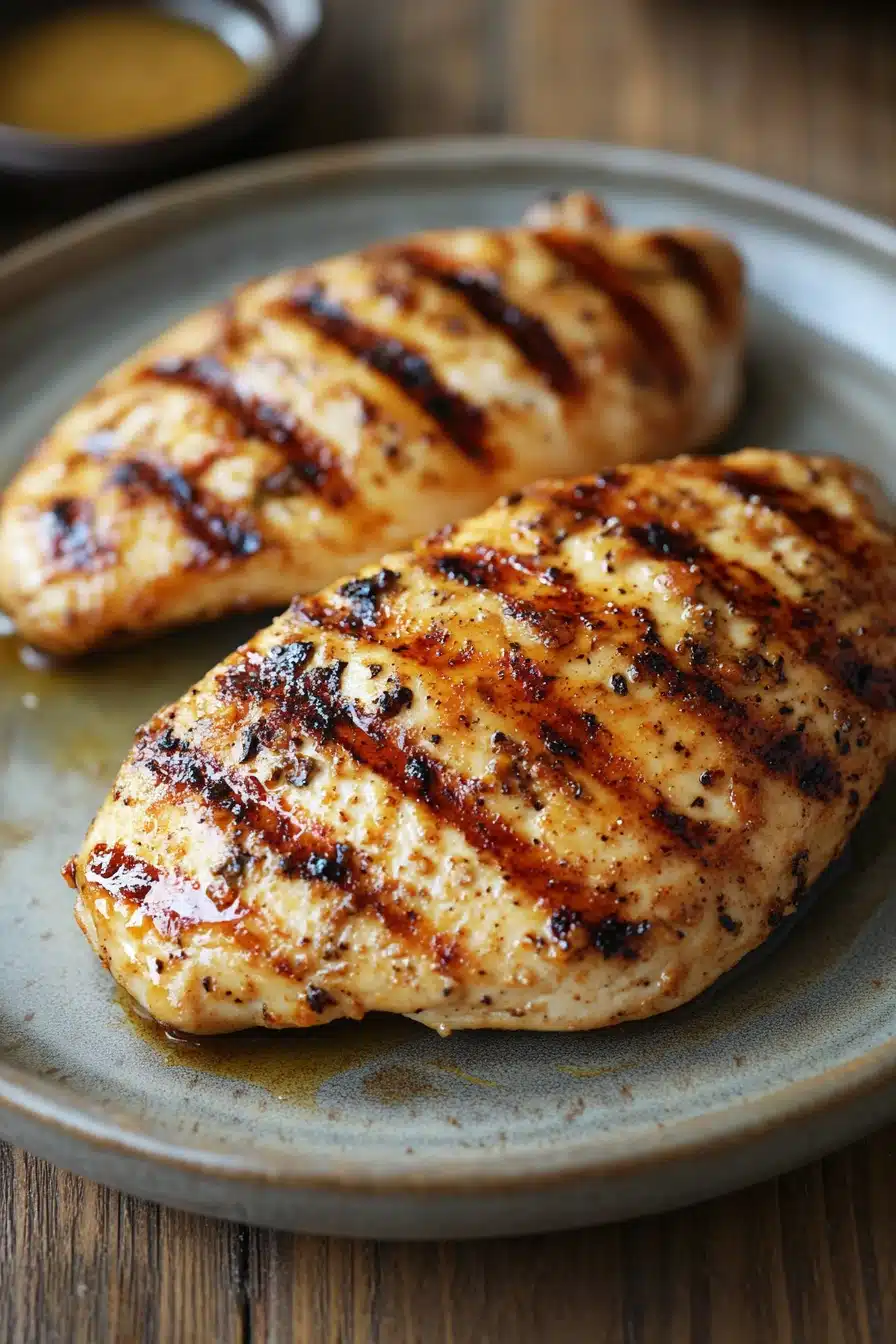 Close-up of a high protein chicken breast dish with bright lighting and clean background