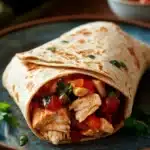 Close-up of a delicious high protein chicken burrito with fresh ingredients