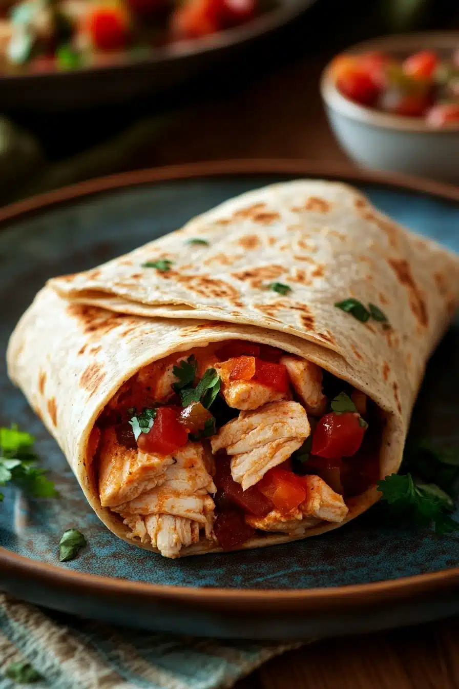 Close-up of a delicious high protein chicken burrito with fresh ingredients