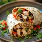 Close-up of a high protein chicken burrito with visible ingredients and bright lighting.