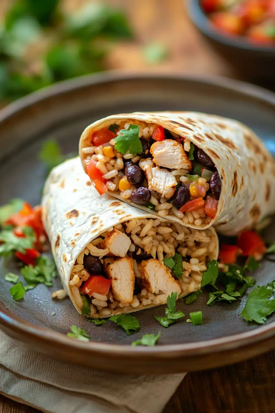 Close-up of a high protein chicken burrito with visible ingredients and bright lighting.
