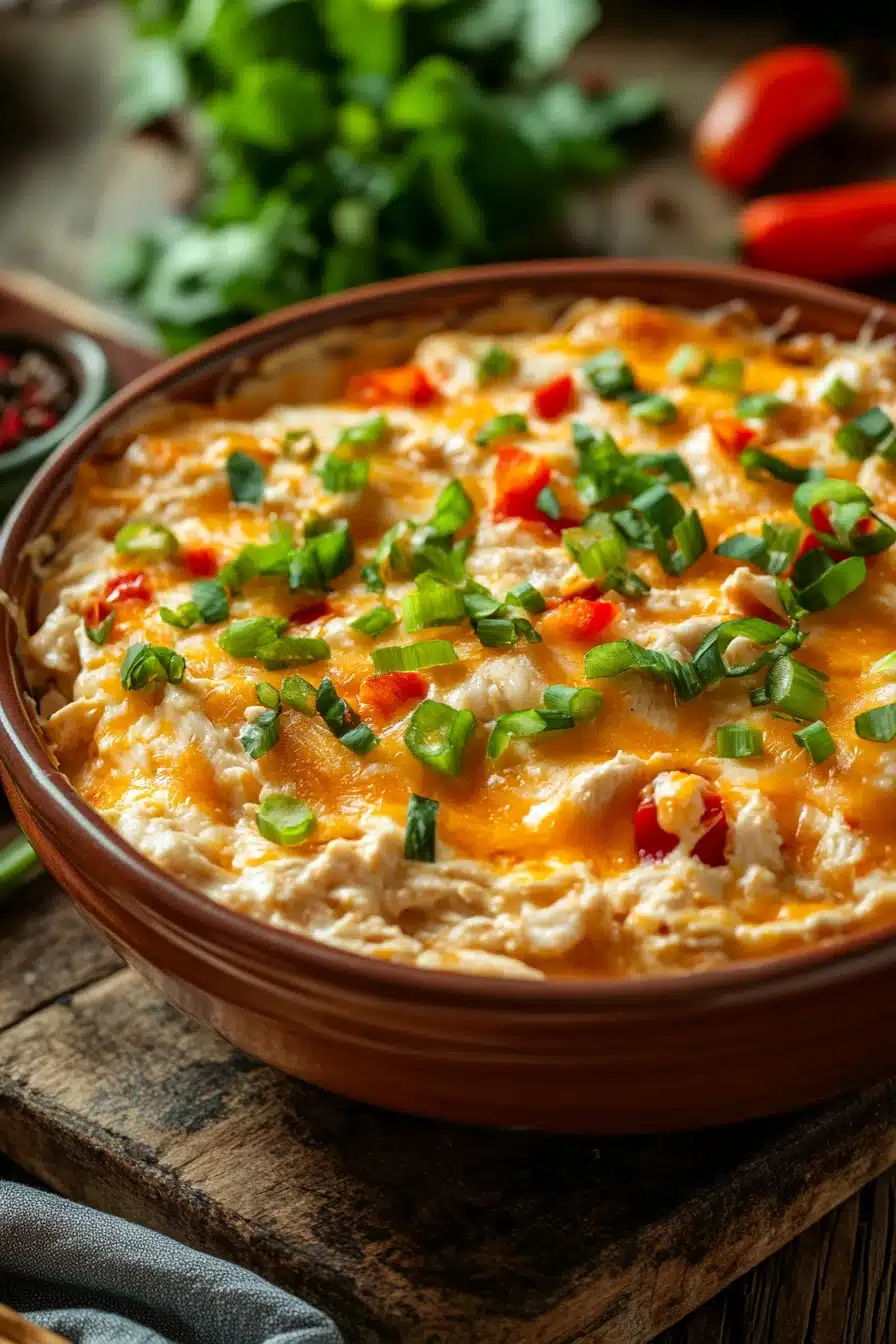 Close-up of creamy high protein chicken dip with herbs in a white bowl