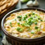 Close-up of a creamy high protein chicken dip in a white bowl with herbs on top