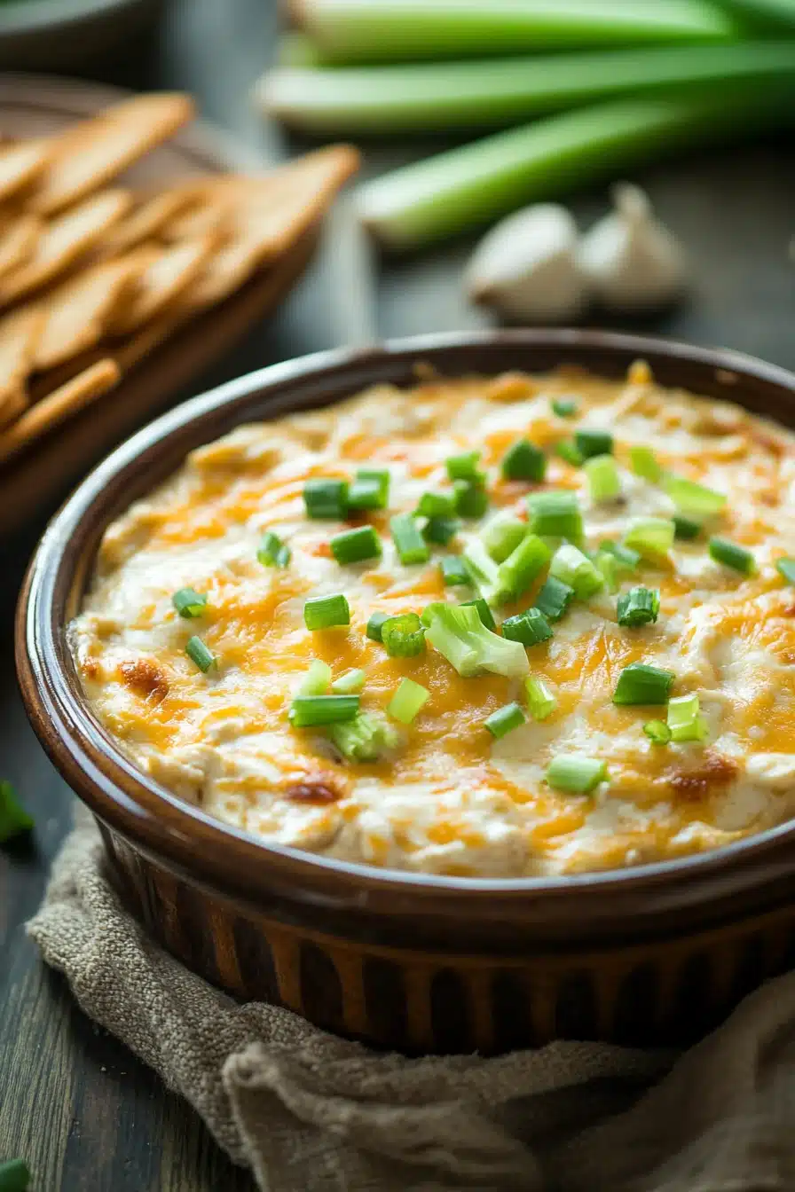 Close-up of a creamy high protein chicken dip in a white bowl with herbs on top