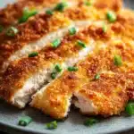Close-up of high protein chicken katsu with crispy breading and creamy sauce