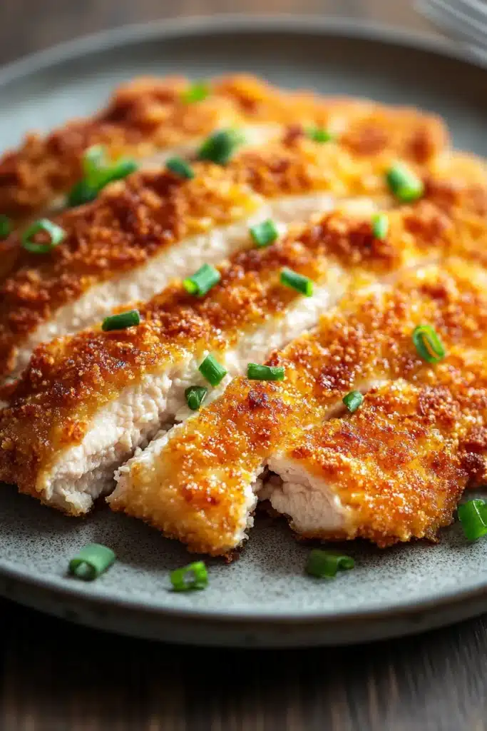 Close-up of high protein chicken katsu with crispy breading and creamy sauce