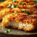 Close-up of high protein chicken katsu with crispy breading and creamy sauce