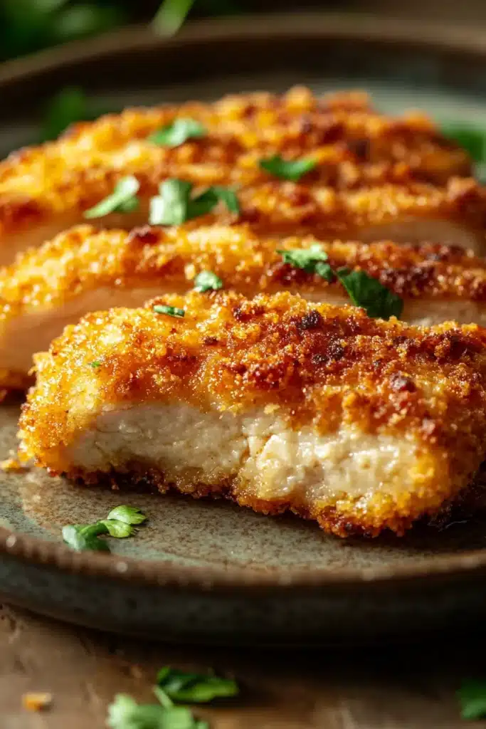 Close-up of high protein chicken katsu with crispy breading and creamy sauce