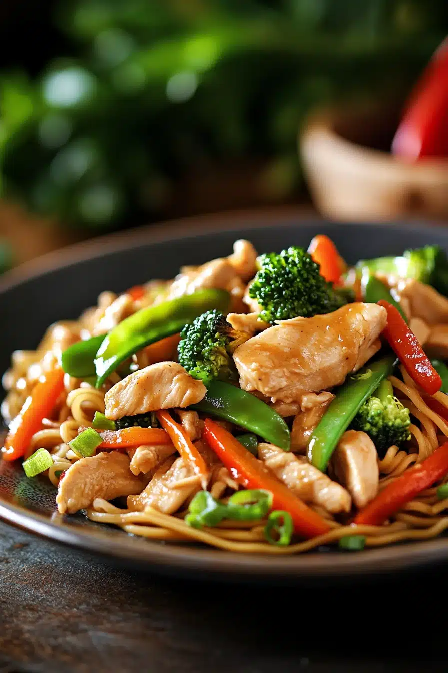 Close-up of high protein chicken lo mein with vegetables in a bright setting.