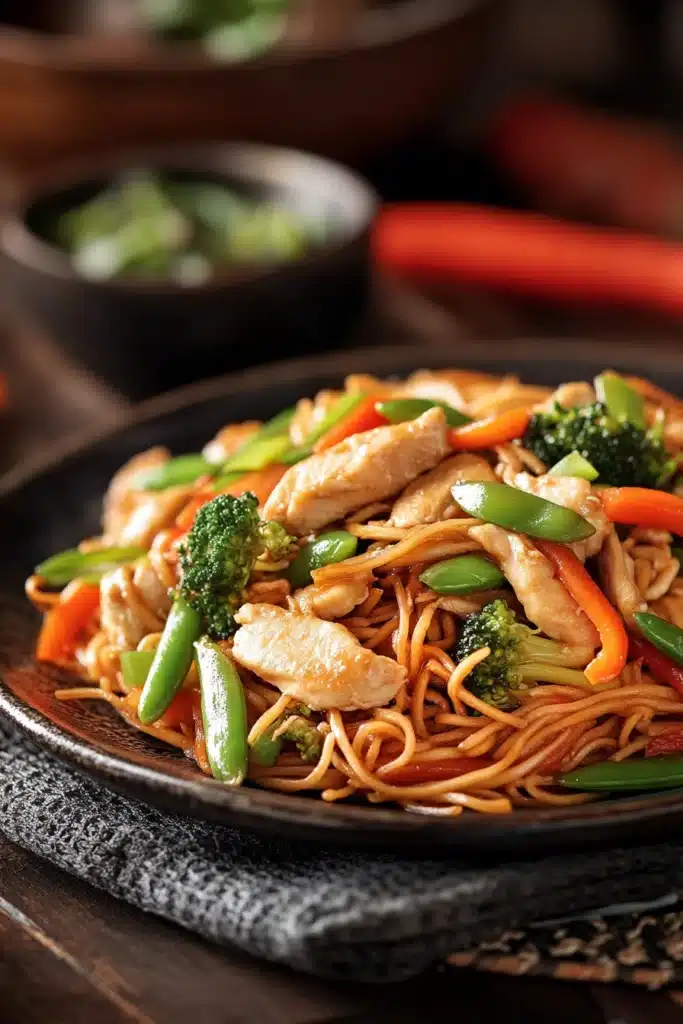 Close-up of high protein chicken lo mein with vegetables and a light sauce