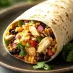 Close-up of a high protein chicken queso burrito with melted cheese and grilled chicken.