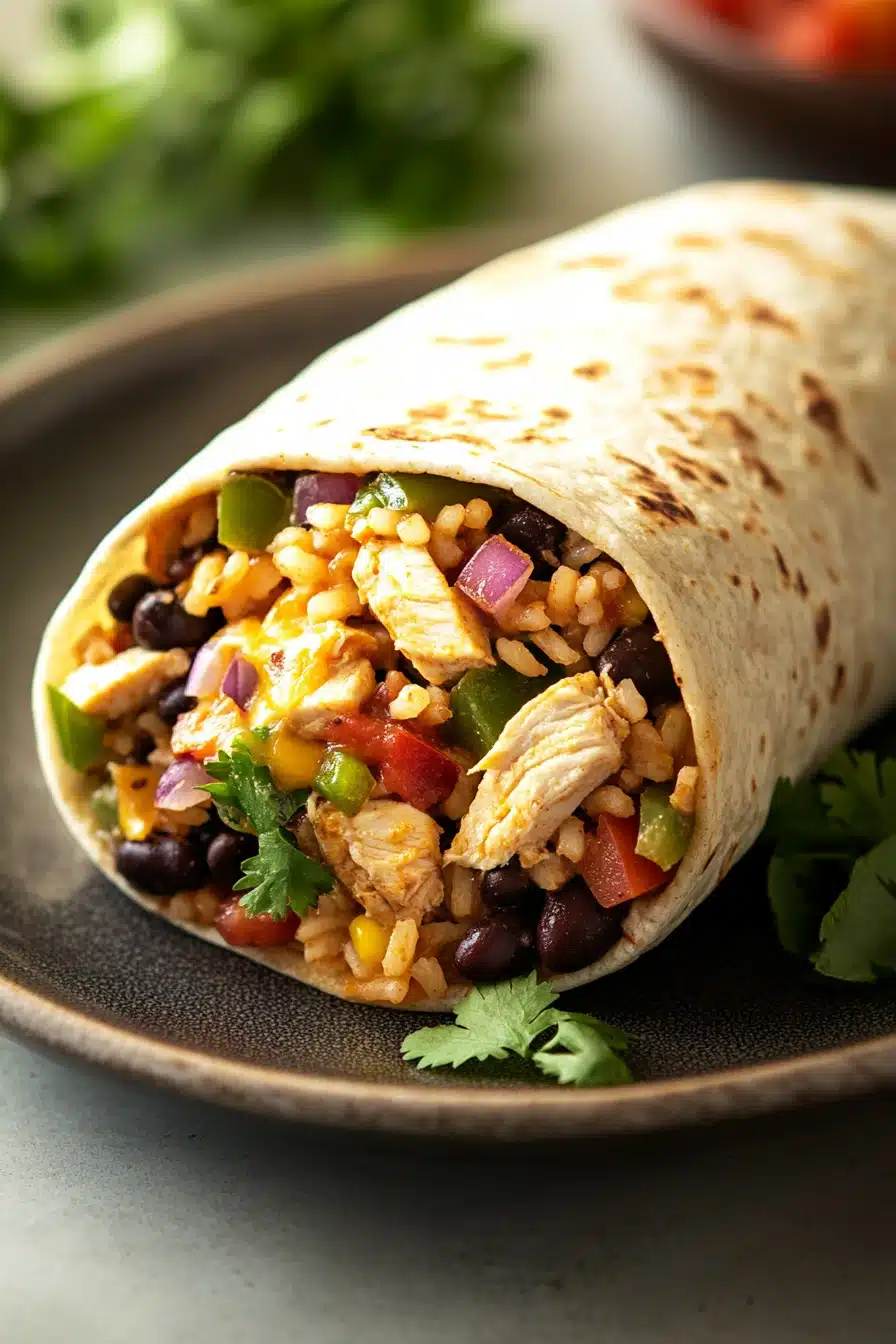Close-up of a high protein chicken queso burrito with melted cheese and grilled chicken.