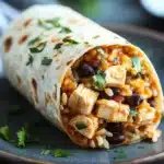 Close-up of a high protein chicken queso burrito with melted cheese and fresh ingredients