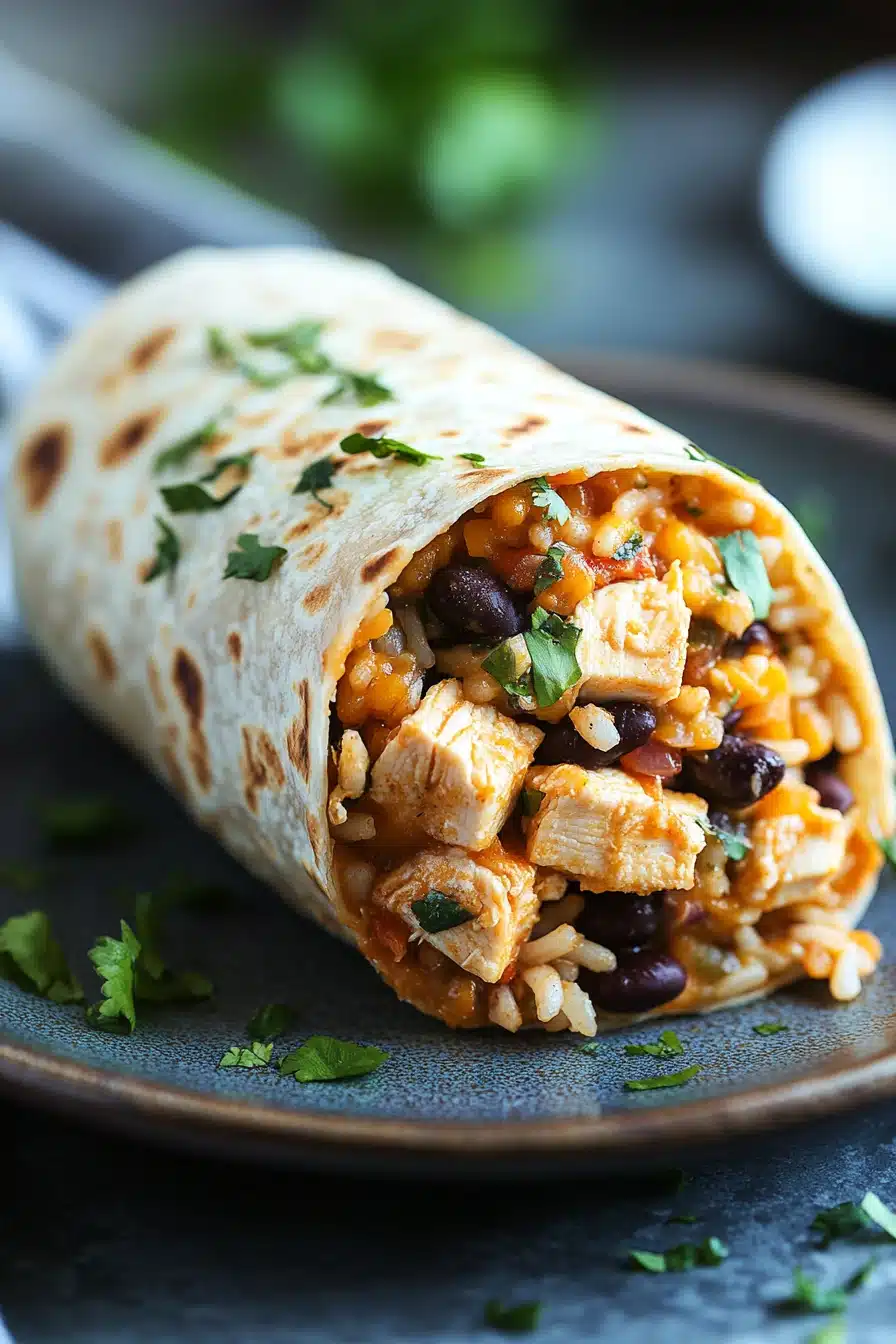 Close-up of a high protein chicken queso burrito with melted cheese and fresh ingredients