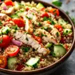 Close-up of a vibrant high protein chicken quinoa salad with fresh greens and colorful vegetables.