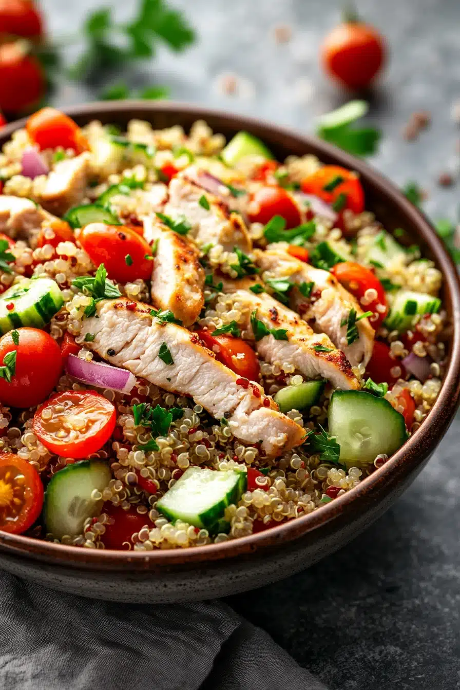 Close-up of a vibrant high protein chicken quinoa salad with fresh greens and colorful vegetables.