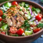 Close-up of a high protein chicken quinoa salad with greens and grains in bright natural lighting.