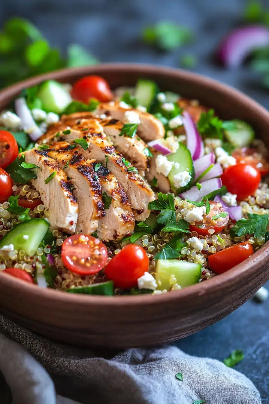 Close-up of a high protein chicken quinoa salad with greens and grains in bright natural lighting.