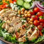 Close-up of a high protein chicken veggie salad with colorful vegetables and grilled chicken pieces.