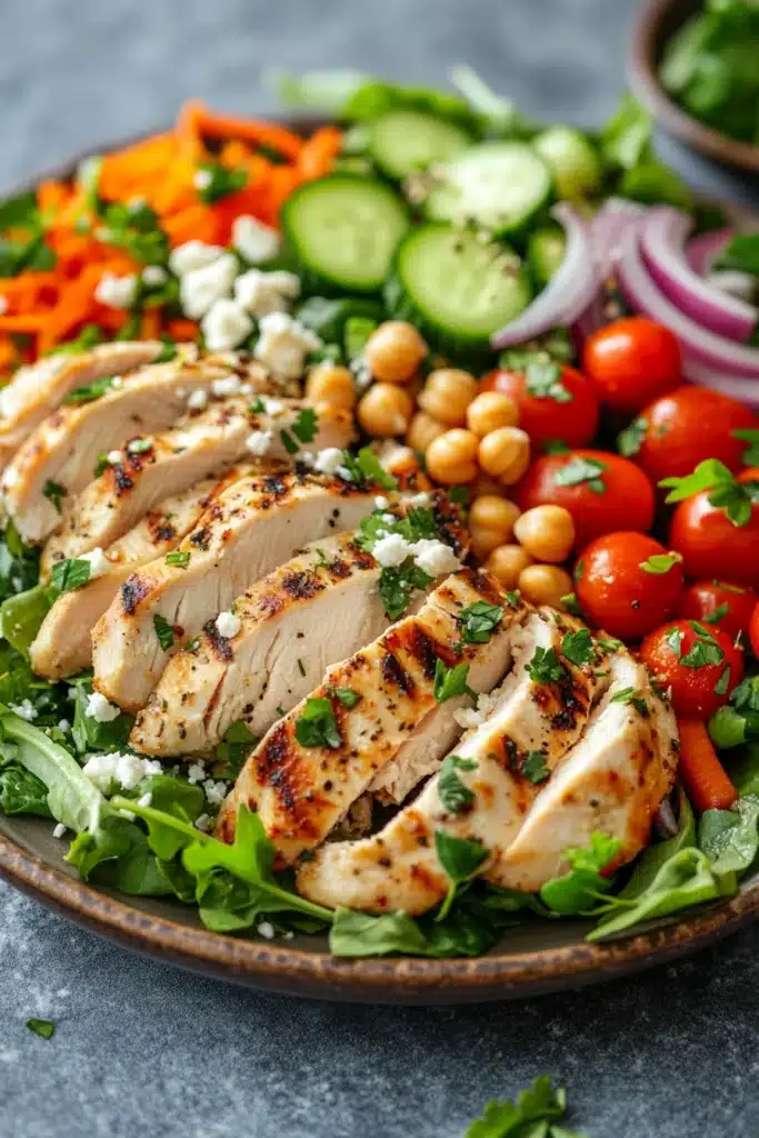 Close-up of a high protein chicken veggie salad with colorful vegetables and grilled chicken pieces.
