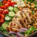 Close-up of a high protein chicken veggie salad with colorful vegetables and grilled chicken pieces.