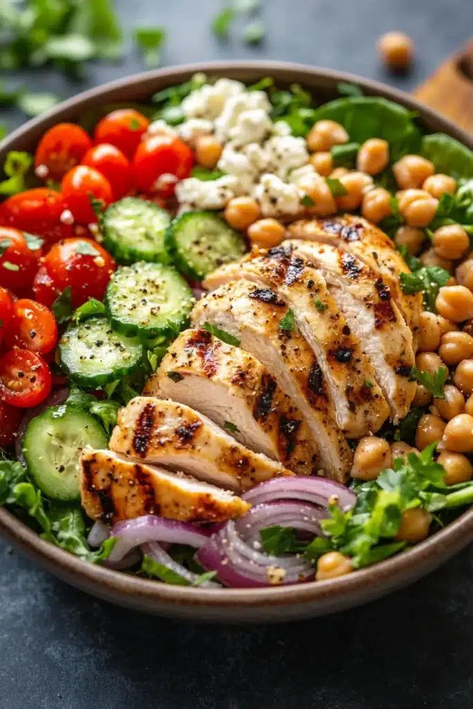 Close-up of a high protein chicken veggie salad with colorful vegetables and grilled chicken pieces.