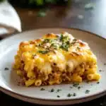 Close-up of creamy mac n cheese with ground beef, topped with herbs.