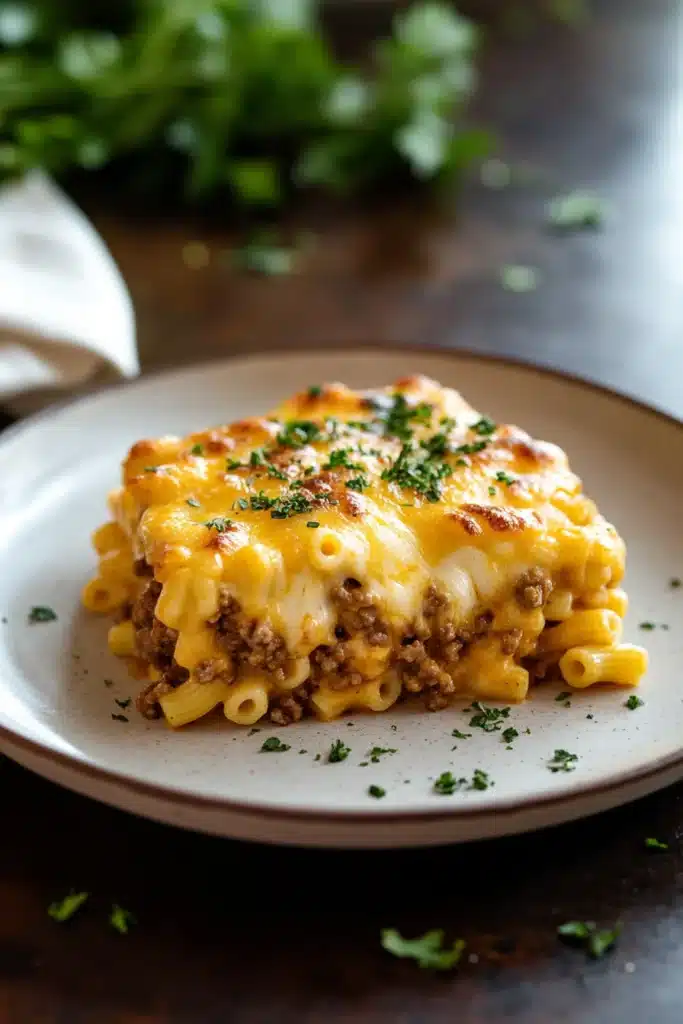 Close-up of creamy mac n cheese with ground beef, topped with herbs.