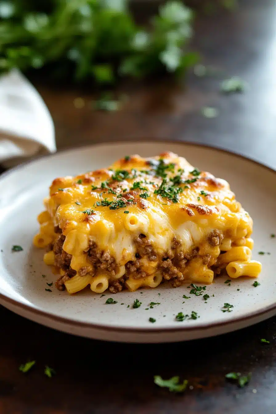 Close-up of creamy mac n cheese with ground beef, topped with herbs.