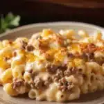 Close-up of creamy mac n cheese with ground beef, showcasing rich textures and golden cheese.
