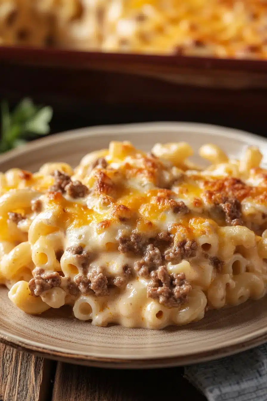 Close-up of creamy mac n cheese with ground beef, showcasing rich textures and golden cheese.