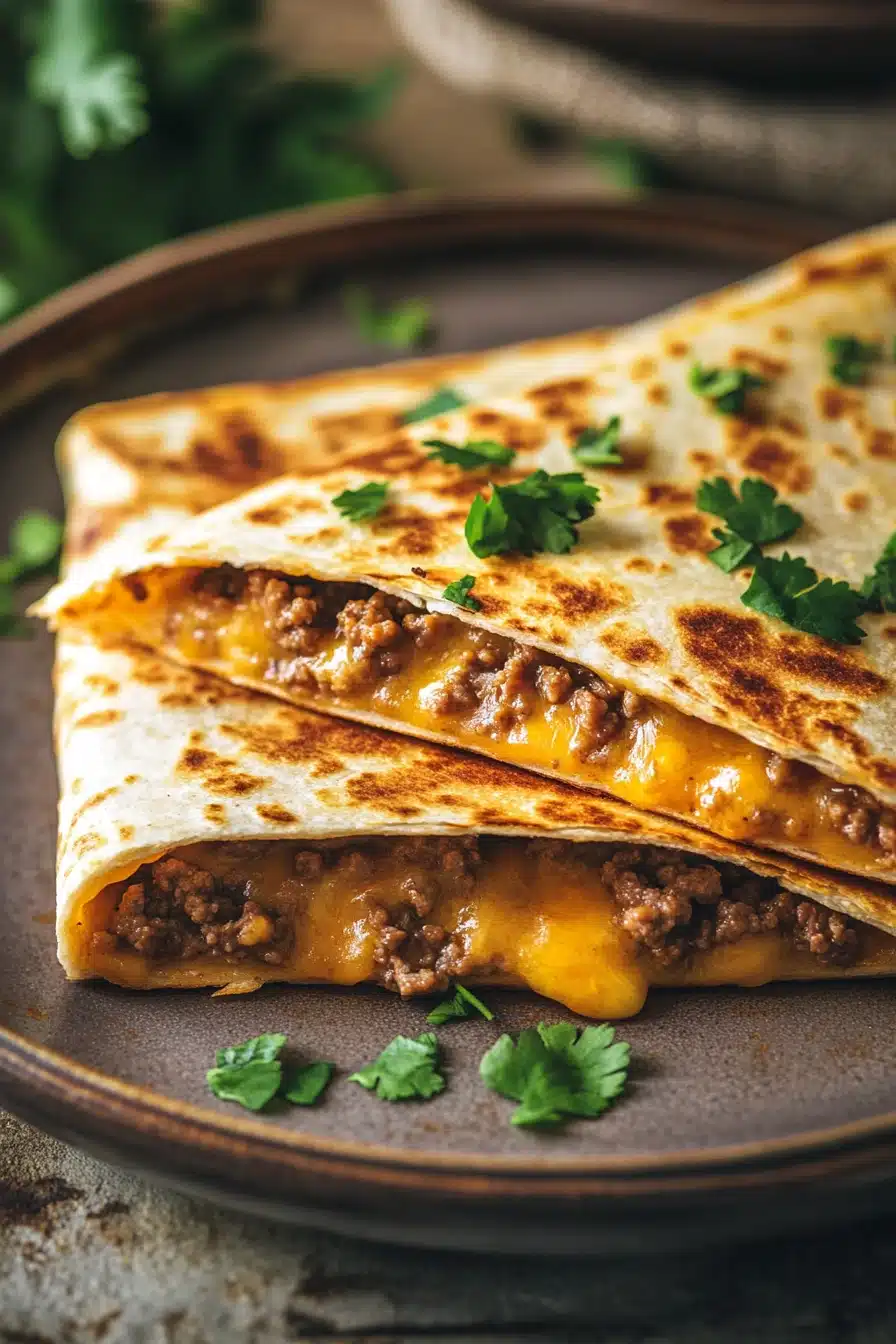 Close-up of a high protein ground beef quesadilla with melted cheese