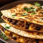 Close-up of a high protein ground beef quesadilla with melted cheese and crispy edges.