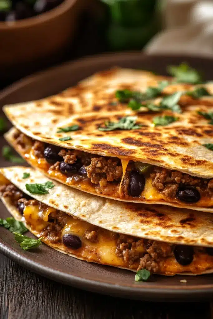 Close-up of a high protein ground beef quesadilla with melted cheese and crispy edges.